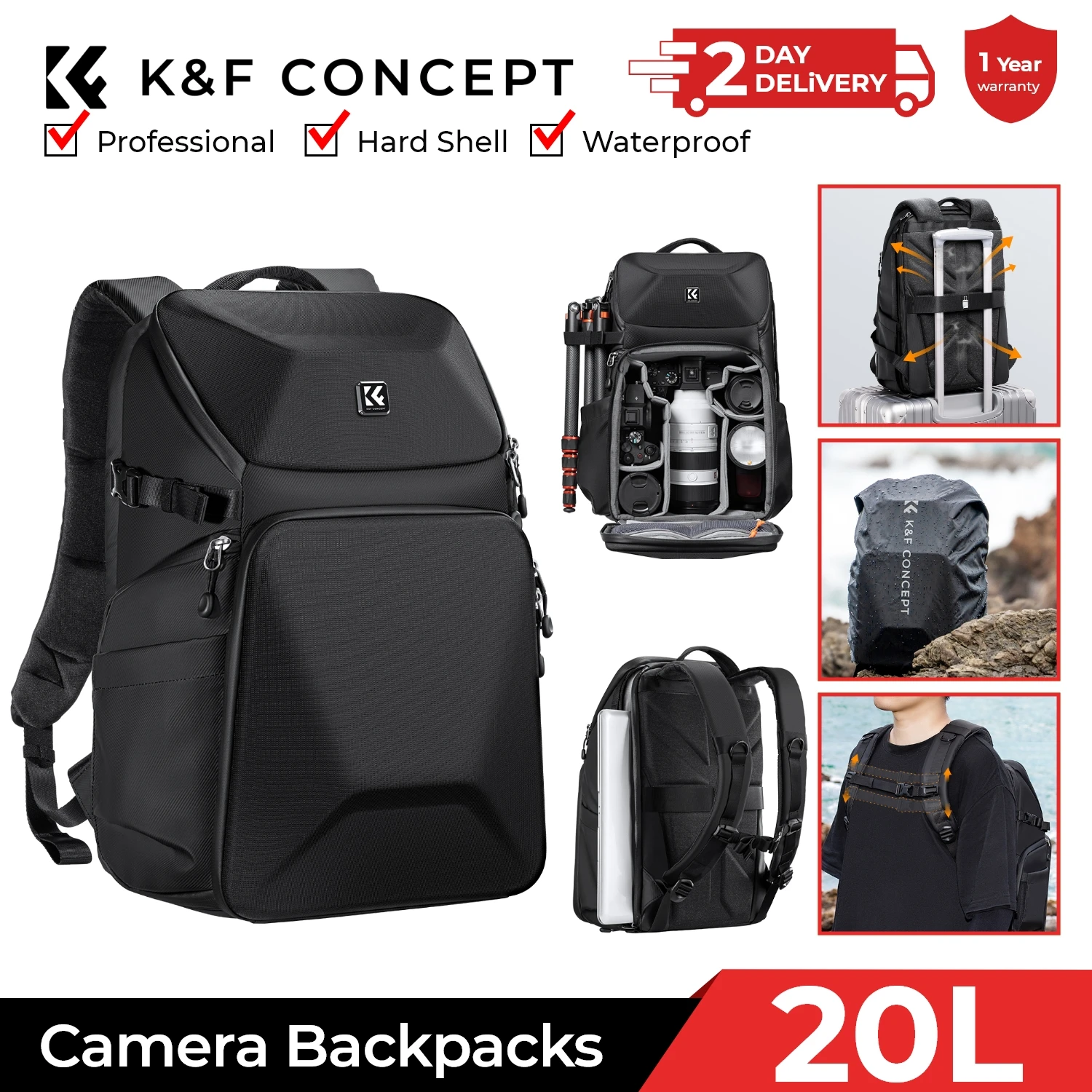 Laptop Bag Waterproof - K&F CONCEPT 20L Camera Backpack Waterproof